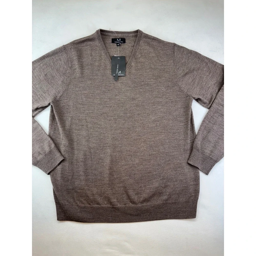 Magaschoni Mens Large Sweater‎ 100% Wool V Neck Long Sleeve Brown Casual New